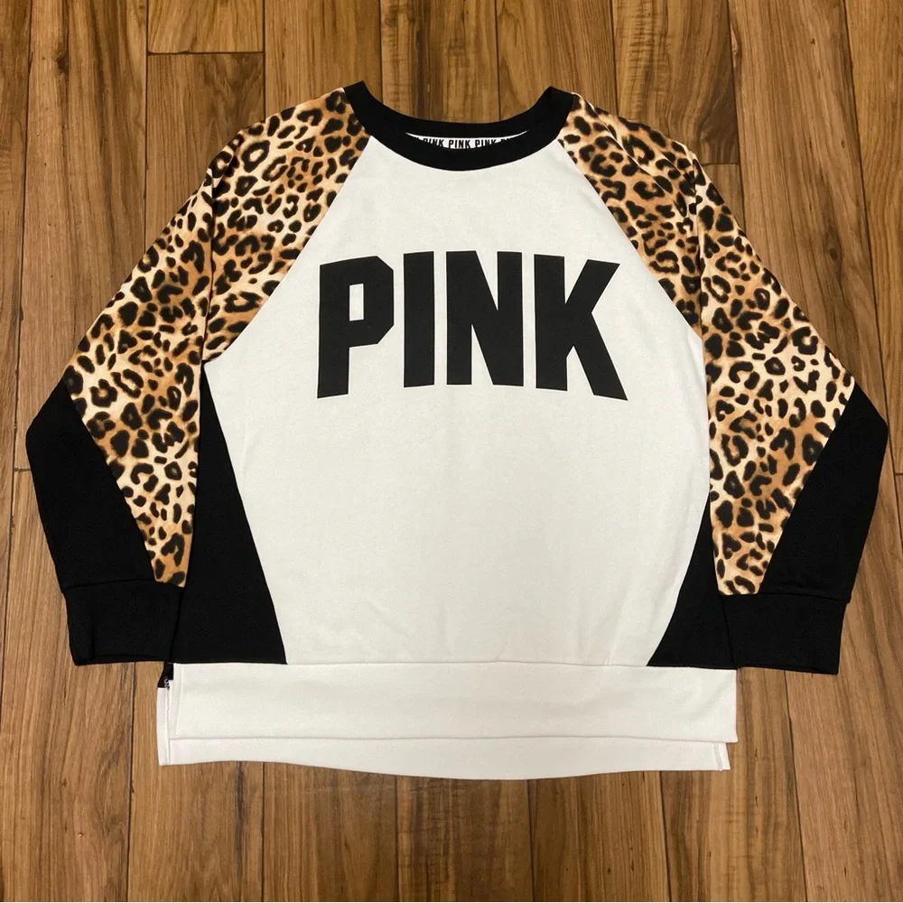 PINK VS COLOR BLOCK LEOPARD CAMPUS CREW PULLOVER W/ BLING LEOPARD YOGA LEGGINGS - Picture 6 of 10